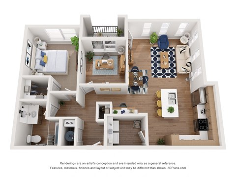 Floor plan for 1 bed, 1 bath, 941 sqft
